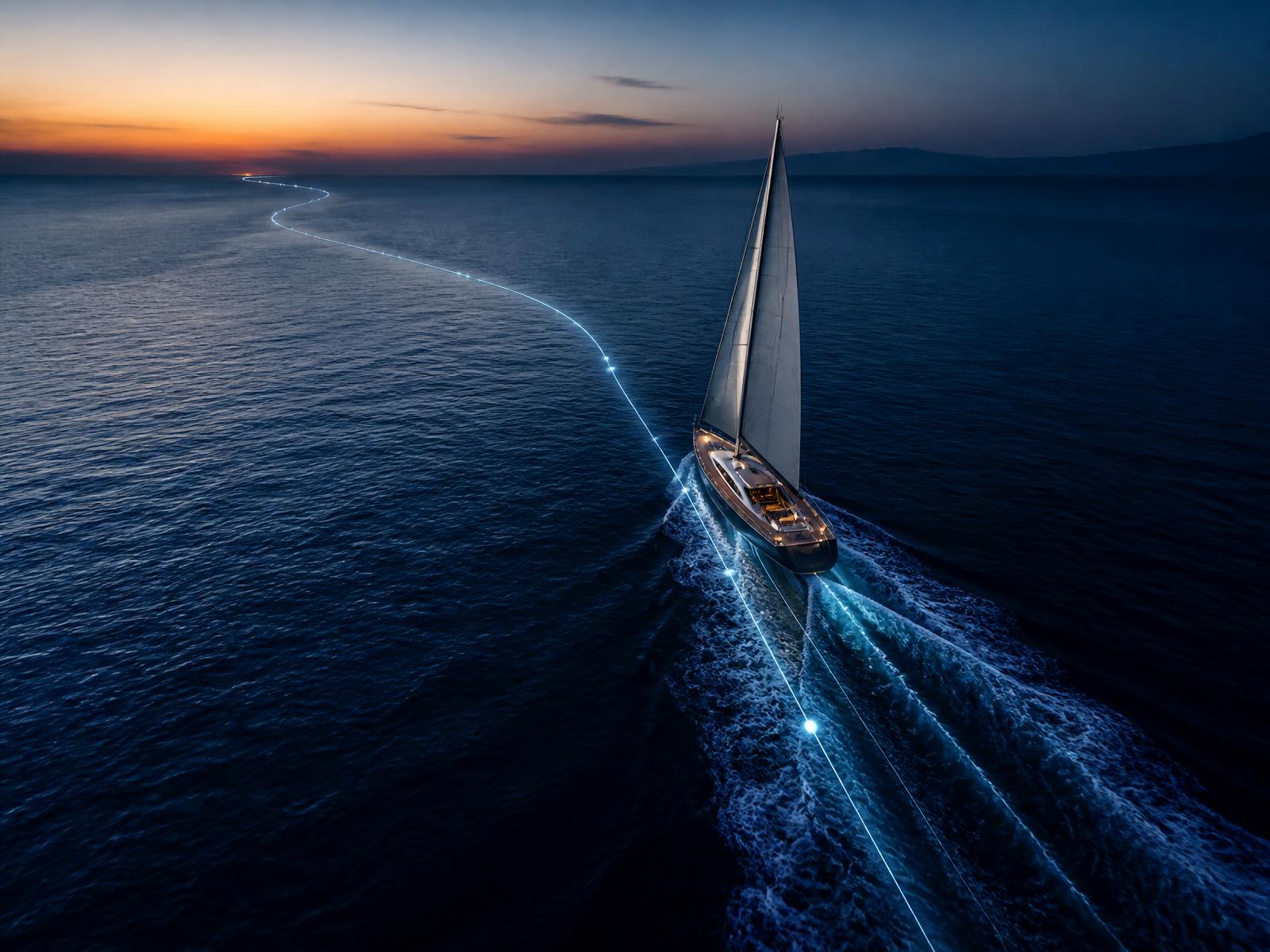 Aerial view of a sailing yacht at dusk with a glowing route line tracing its track